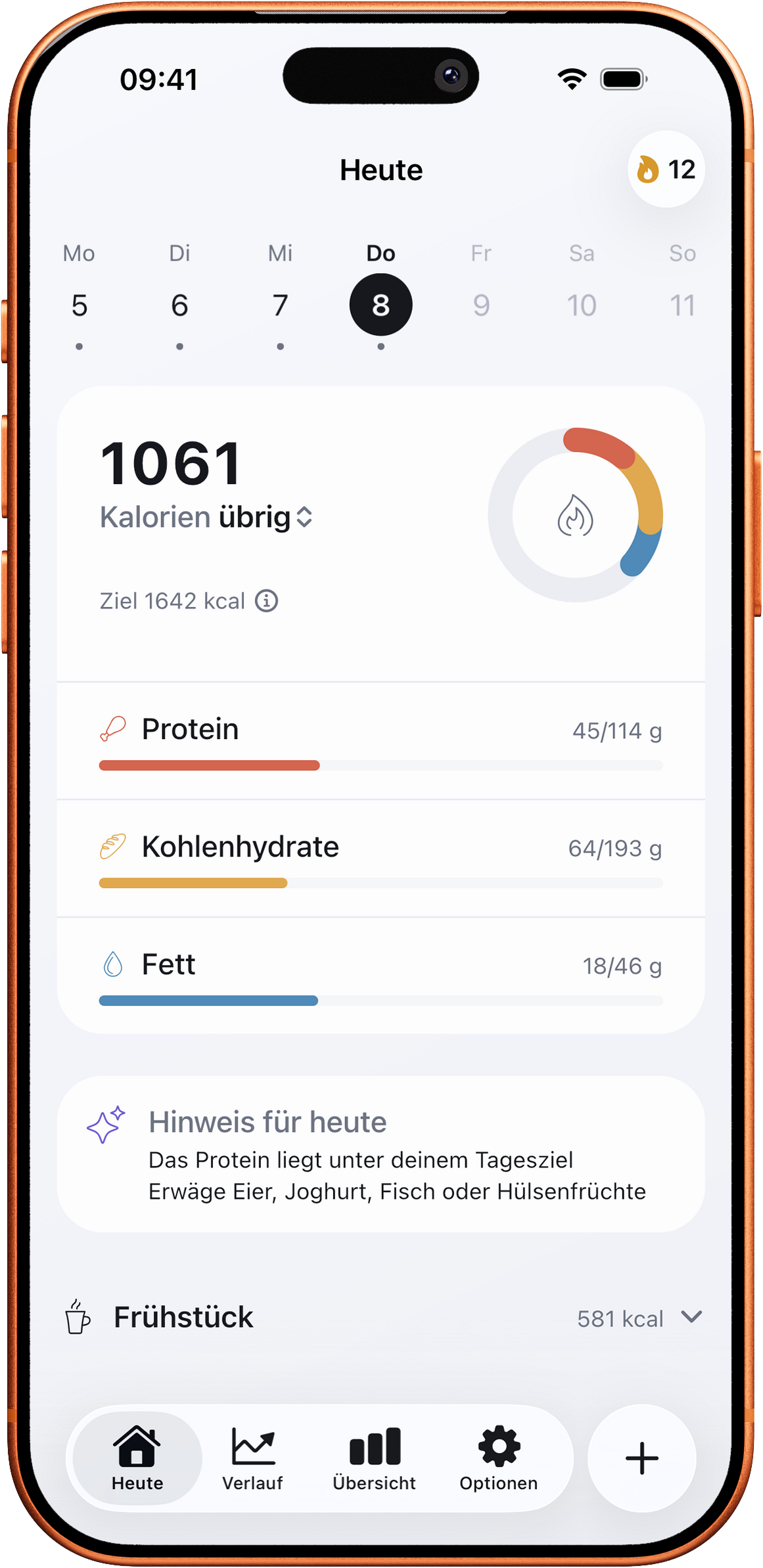 Ansicht „Heute“ in ClariMeal mit Kalorien und Makros des Tages