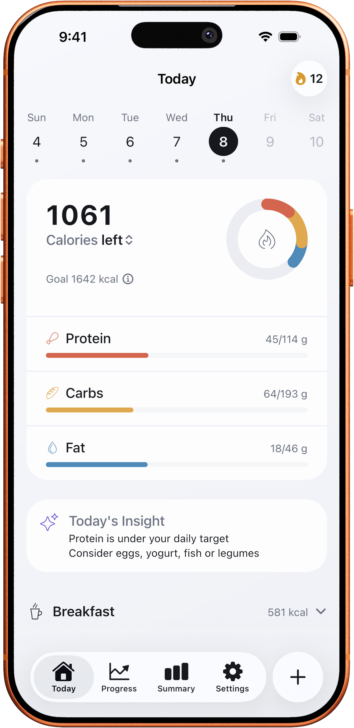 Today view in ClariMeal with daily calories and macros