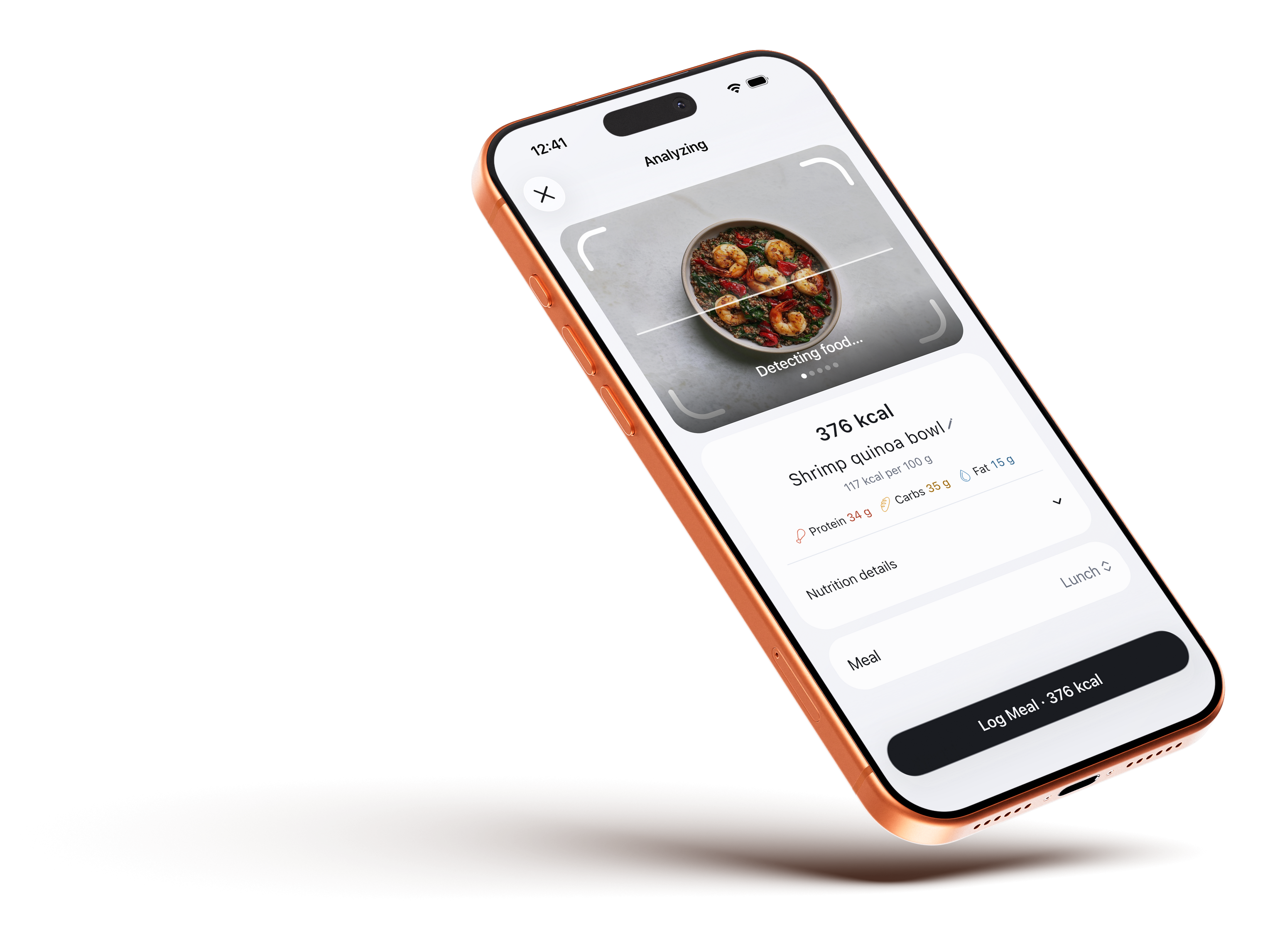 AI scan result in ClariMeal showing calories and macros for a meal photo