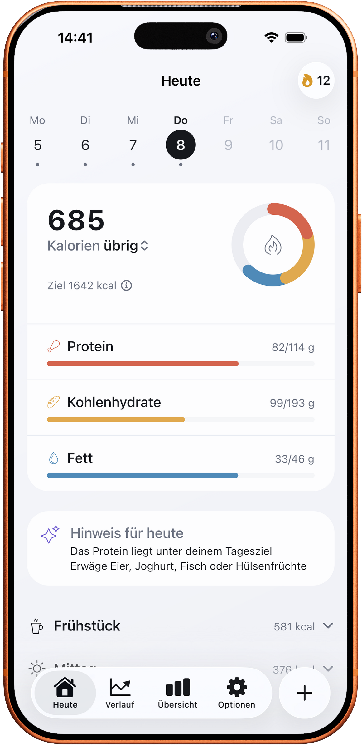 Ansicht „Heute“ mit Kalorien und Balken für Protein, Kohlenhydrate und Fett