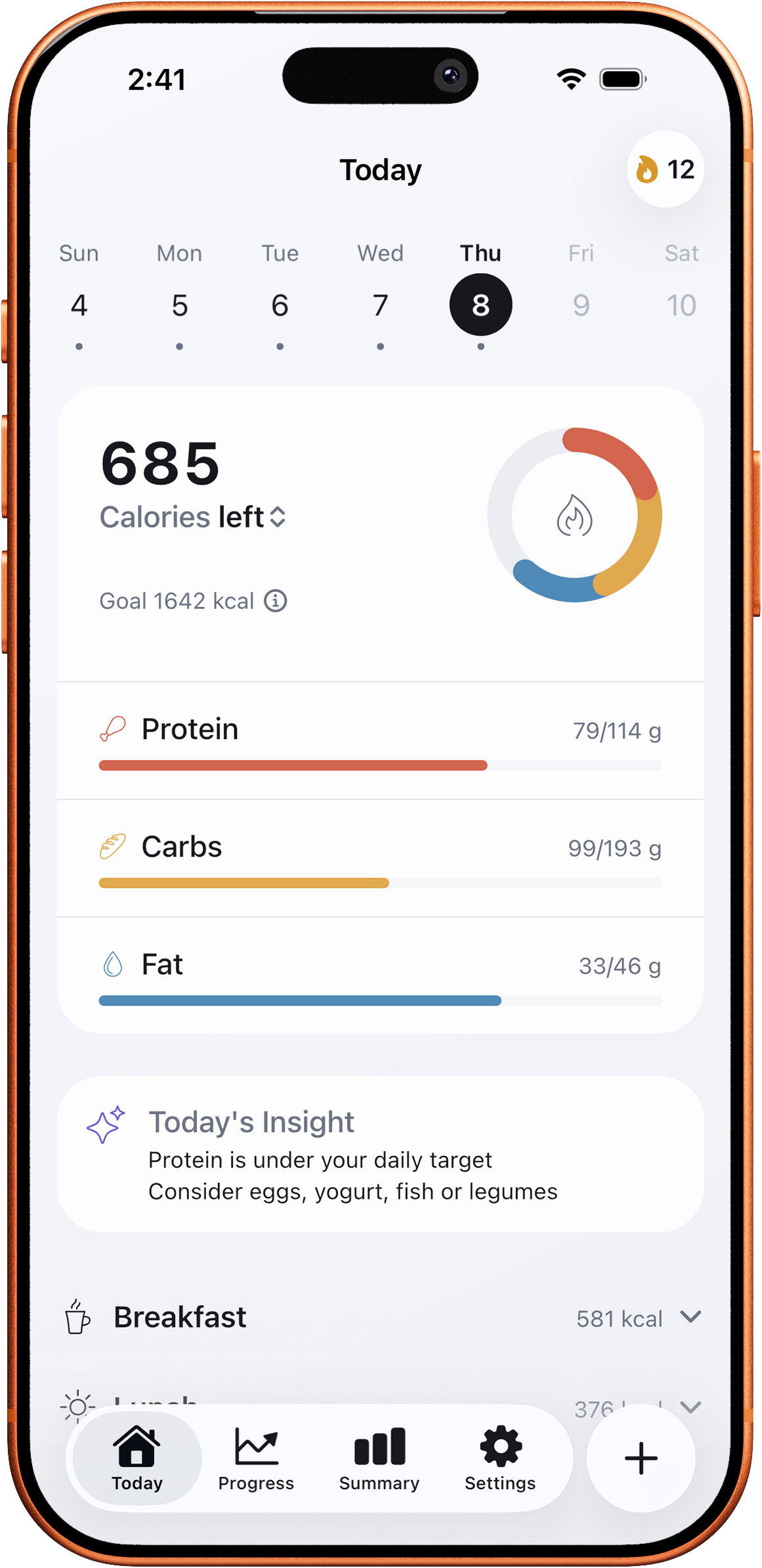 Today view with calories and the protein, carbs and fat bars